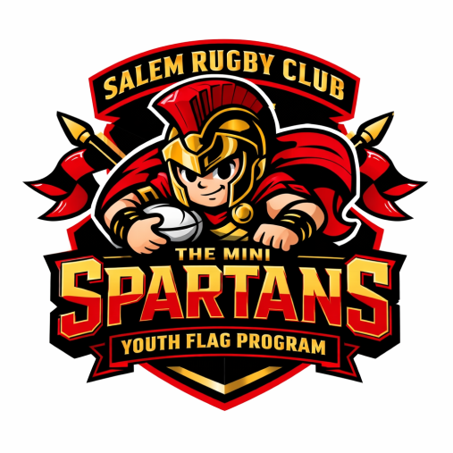 image of a cartoon Spartan holding a rugby ball including the text of Salem Rugby Club, the mini Spartans, youth flag program