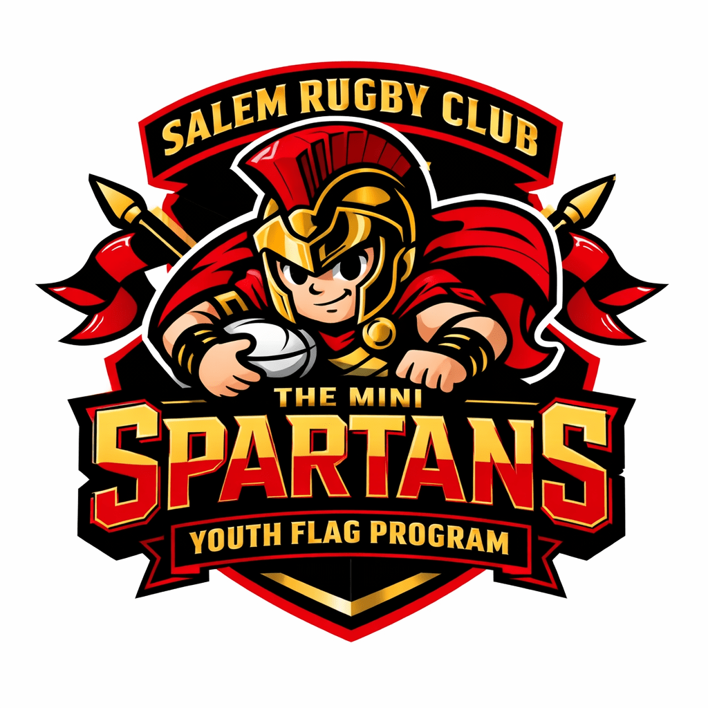 image of a cartoon Spartan holding a rugby ball including the text of Salem Rugby Club, the mini Spartans, youth flag program